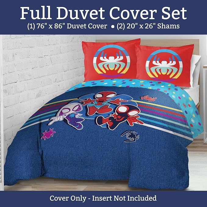 Jay Franco Duvet Cover Set – 3 Piece Comforter Cover and Sham Set, Super Soft Cozy Kids Bedding (Insert Not Included) Blue - Spidey & Friends, Twin