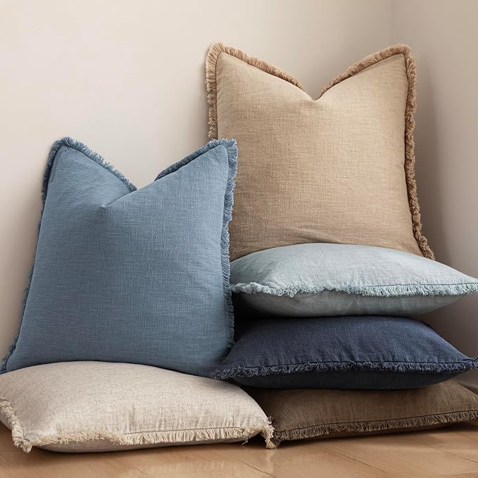 Foindtower Set of 2 Decorative Linen Fringe Throw Pillow Covers Cozy Boho Farmhouse Cushion Cover with Tassels Soft Accent Pillowcase for Couch Sofa Bed Living Room Home Decor, 18×18 Inch, Misty Blue
