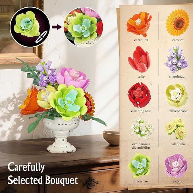 Botanicals Flower Arrangement Building Set, Classic Style Artificial Flower Bouquet, Chrysanthemum Building Toy, Gift for Women - Unique Bouquet Collection for Adults