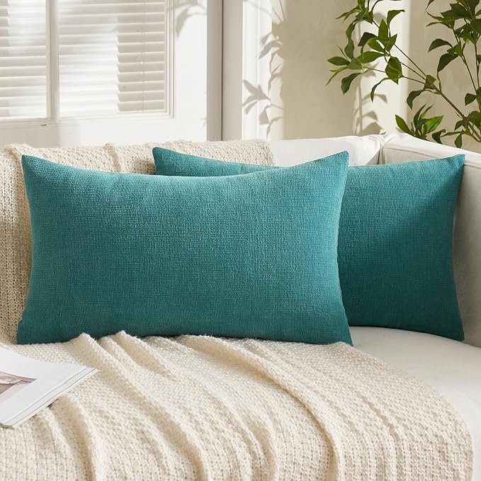 MIULEE Teal Chenille Couch Lumbar Throw Pillow Covers, 12x20 | Set of 2, Soft Coastal Home Decor, Modern Farmhouse Decorative Pillowcases for Sofa Living Room Bed