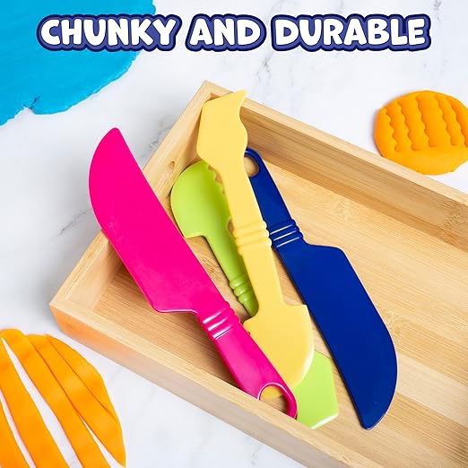 Ready 2 Learn Dough Cutting Tools | 4 Piece Playdough Accessories | 2 Knives and 2 Spatulas | Clay and Dough Tools for Toddlers | Chunky Plastic Cutters