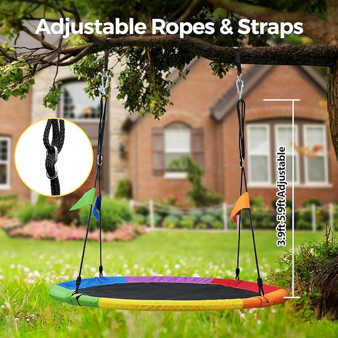 PACEARTH 60” Tree Swing for Kids & Adults Outdoor Saucer Swing 60-Inch Diameter 900D Oxford Fabric Splash and UV Resistant Heavy Duty 900LBS Weight Capacity with Tree Straps and 360° Swivel