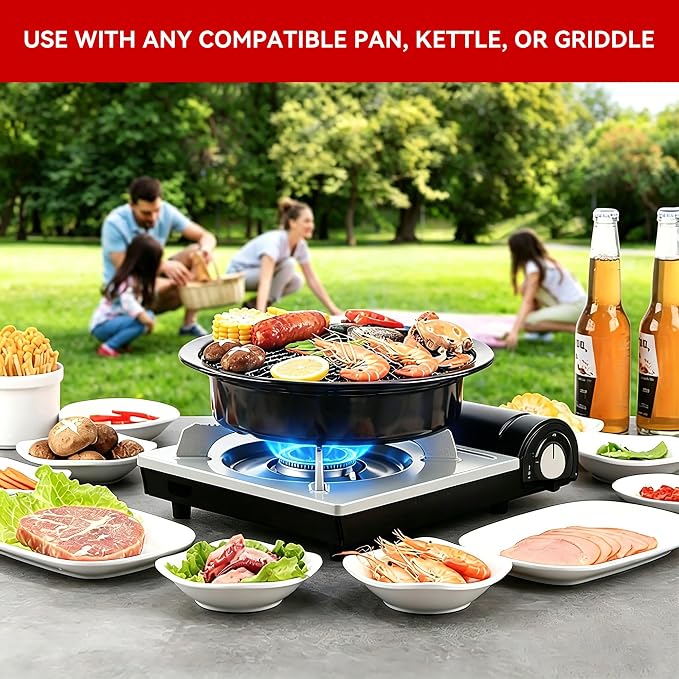 Detachable Grill Pan & Butane Stove Combo with Safety Auto-Eject | Portable Suitcase Design for Camping, Tailgating, Picnics, Indoor/Outdoor Cooking & Hot Pot