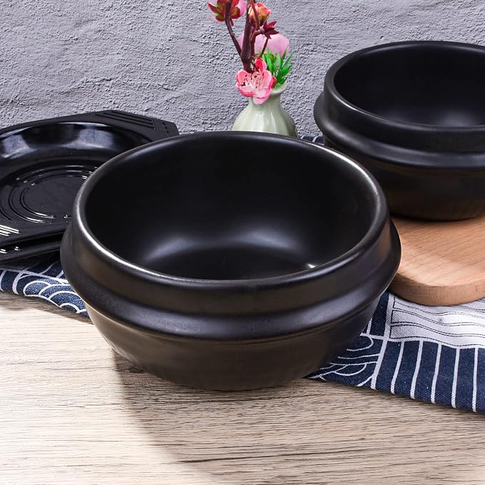 Korean Stone Bowl with Tray - Premium Ceramic Stone Hot Pot for Bibimbap Soup, Stews, and Rice - 37.1 oz Capacity - Dishwasher, Microwave, Oven, and Stovetop Safe