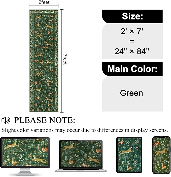DUKINO 2x7 Runner Rug for Hallway, Washable Kitchen Rugs Non Slip, Green | Low Pile, Stain Resistant, Animal Indoor Carpet Runner for Hallway, Entryway, Bedroom, Bathroom, Lightweight, Pet Friendly