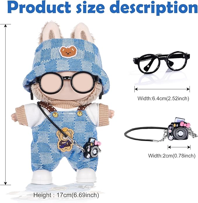 17cm Doll Clothes Outfits Accessories Set Include: 1 Hat, 1 Top, 1 Pants, 1 Bag, 1 Glasses and 1 Shoes for Dress up Your Dolls (Doll Not Included), Outfits #Blue