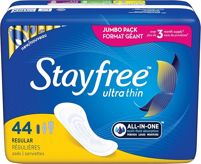 Stayfree Ultra Thin Regular Pads For Women, Wingless, Reliable Protection and Absorbency of Feminine Moisture, Leaks and Periods, 44 count