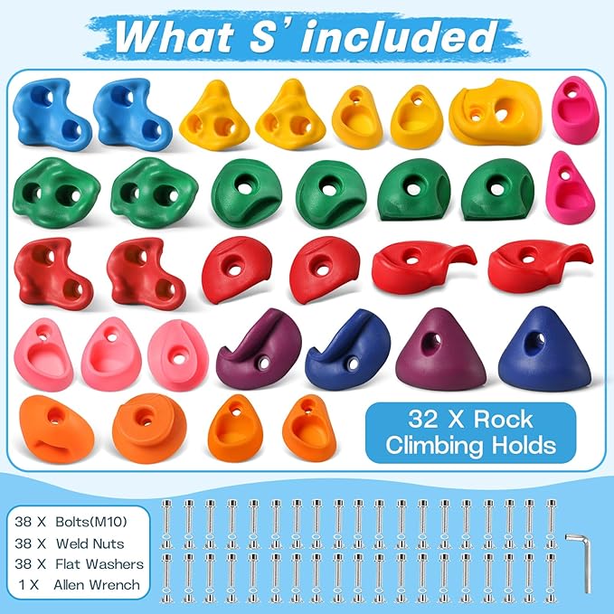 32 PCS Rock Climbing Holds for Kids,Rock Climbing Wall Grips Climbing Rocks Wall Kit for Indoor and Outdoor Playground Play Set with Hardware（Style B）