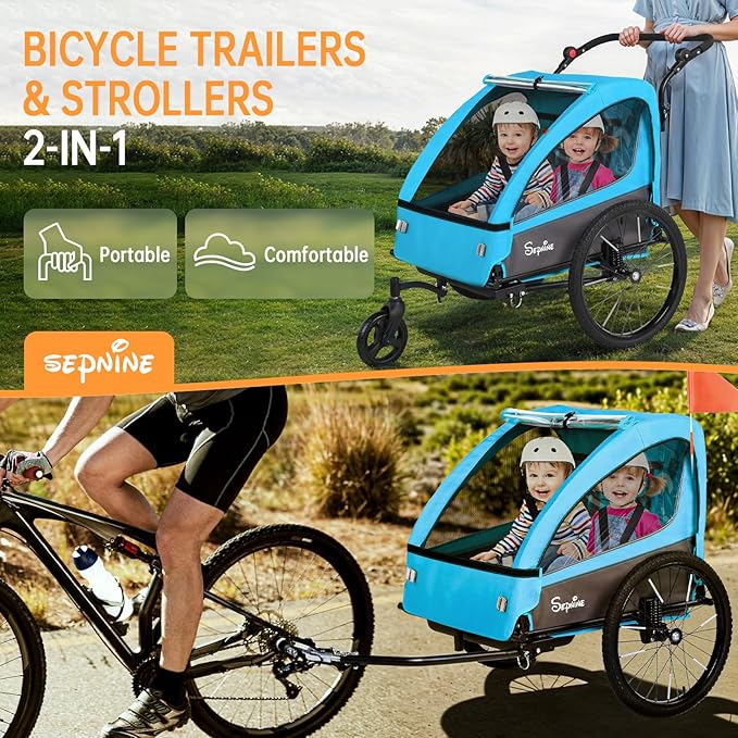 Sepnine 2-in-1 Kids Bike Trailer and Stroller with Suspension – Bike Trailer for 1 to 2 Children, Jogging Function, Foldable, 5-Point Harness, Spacious Storage, with Bug Screen and Weather Shield
