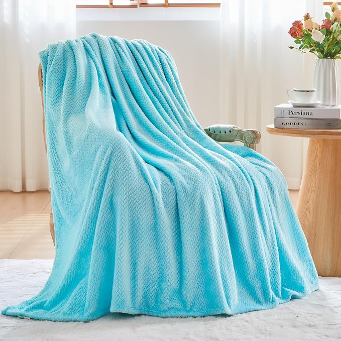 NEWCOSPLAY Fleece Leaves Pattern Twin Blanket, Turquoise, 60"x80" | Super Soft Throw Blanket, Lightweight Cozy Bed Sofa Blanket, Premium Silky Flannel Fleece, Travel Blanket for All Season Use