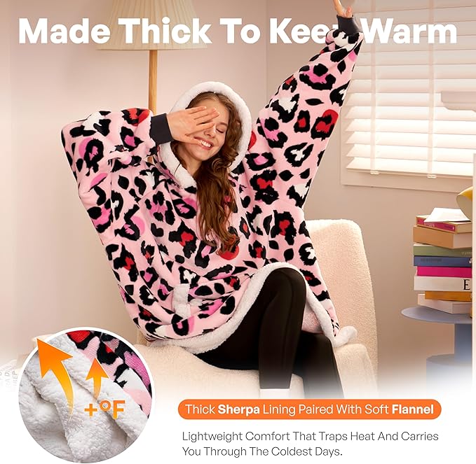 Giggling Getup Wearable Blanket Hoodie for Adults Gifts for Teen Girls Sister Women Sherpa Fleece Printed Hooded Blanket Sweatshirt Warm Cozy with Pocket & Sleeves Pink Leopard