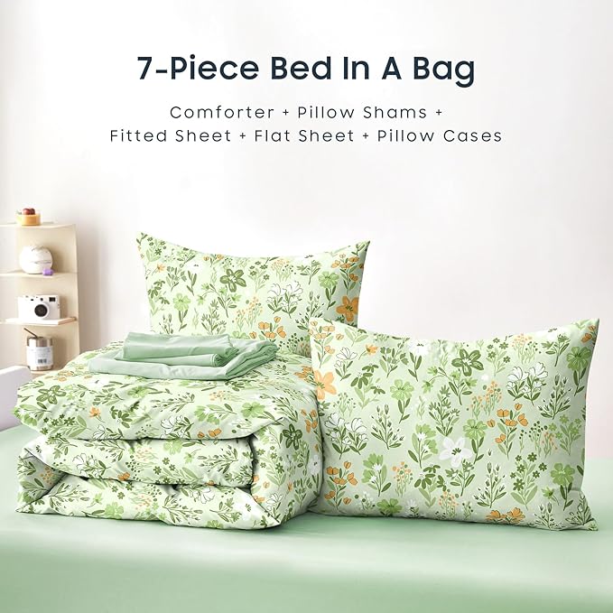 Wake In Cloud - Floral Bedding Set for Girls, Cute Colorful Botanical Flowers Patterned Soft Lightweight Comforter Set with Sheets, 7 Pieces Kids Bed in a Bag, Green, Full Size