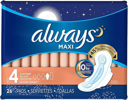 Always Maxi Overnight Pads with Wings, Size 4, Overnight, Unscented, 26 CT