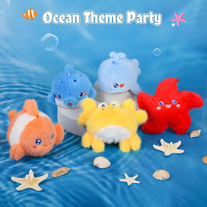 BB FUN HOUSE Ocean Plush Toy Set 5 Packs Soft Easter Sea Stuffed Animals Small Fish, Cuttlefish, Dolphins, Crabs, Starfish Plush Keychain for Party Favor Carnival Prizes Birthday Gifts Goodie Bag