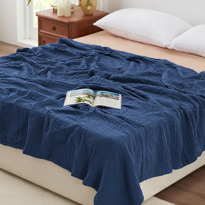 Love's cabin 100% Cotton Muslin Blanket, 6 Layer Lightweight Breathable Gauze King Size Blanket 108 x 90 Inches, Soft Summer Blanket for Bed, Dark Blue