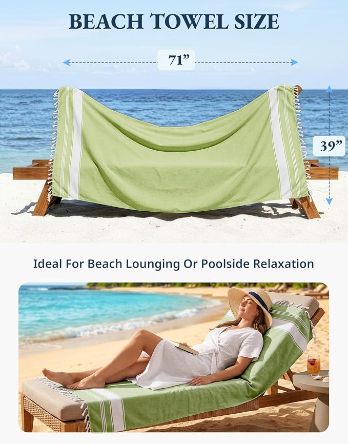 LANE LINEN Turkish Beach Towel 2 Pack, Oversized Beach Towel 39"x71", Lightweight Beach Essentials for Women, Large Pool Towel, Absorbent & Quick Dry, Sand Free Beach Towel - Jade Lime