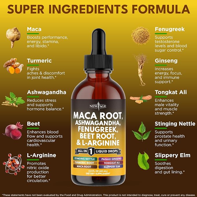 Organic Maca Root Liquid Drops with Ashwagandha, Nettle, Fenugreek, Beet Root and L-Arginine Liquid Multivitamin for Women and Men