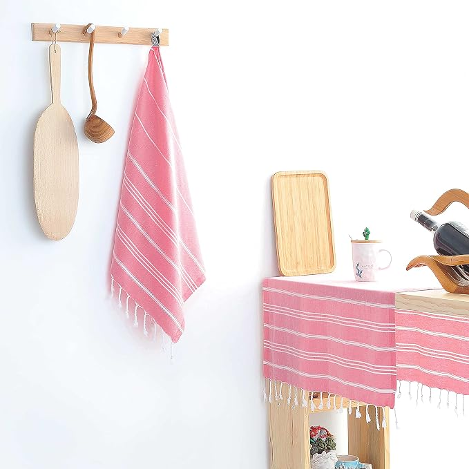 Cacala 100% Turkish Cotton Kitchen Tea Towels, Highly Absorbent Luxury Soft Quick Drying Dish Towel with Hanging Loop for Gym, Yoga, Bath, Sports, Cleaning and Kitchen (23 x 36), Pink