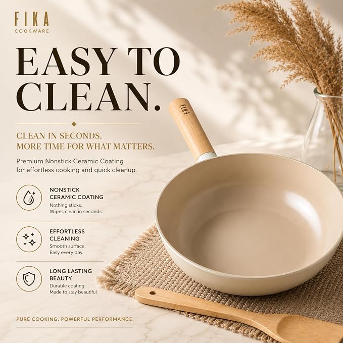 FIKA 10-Inch Nonstick Ceramic Coated Flat Bottom Wok Pan with Natural Wooden Handle, Induction Compatible, Deep Stir Fry Cooking Pan, Made in Korea (26cm)