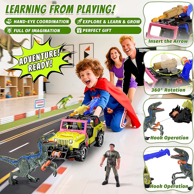 EKU Dinosaur Tow Truck with 10 Sounds, Launcher, Human, Chomping Velociraptor Figure, Push and Go Adventure Vehicle for Jurassic World Toys Pretend Play Gifts for Kids Boys Girls 3+