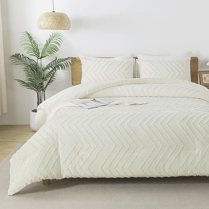 Andency Ivory Oversized Super King Comforter Set, Boho Soft Warm Tufted Neutral Bedding Comforter Sets, 3 Pieces Aesthetic Chevron Farmhouse Cute Bohemian Textured Bedding Set