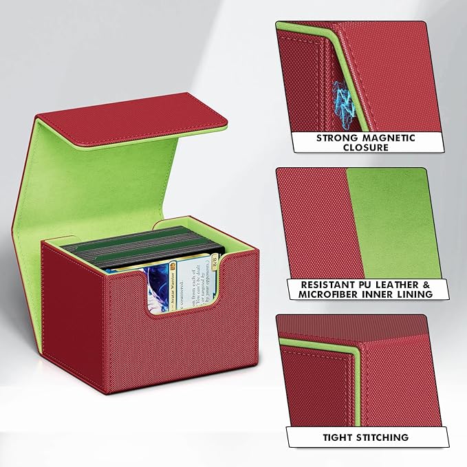 ZLCA Card Deck Box for Trading Cards, MTG Commander Deck Box Holds 120+ Single Sleeved Cards, Leather Magnetic Card Storage Box Fits for TCG CCG Magic Cards (Red&Green)