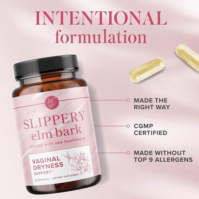 Slippery Elm for Women, Vaginal Moisture & Vaginal Dryness Support, Non-GMO | Moisturizer for Female Comfort with Slippery Elm Bark and Sea Buckthorn, Moisture and Dryness Support, Vegan, 60 Capsules
