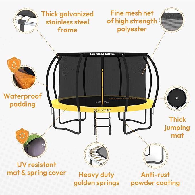 JUMPZYLLA Trampoline Outdoor 8FT 10FT 12FT 14FT 15FT 16FT with Enclosure and Ladder, ASTM Approved Recreational Trampoline for Kids and Adults, Anti-Rust Coated Frame
