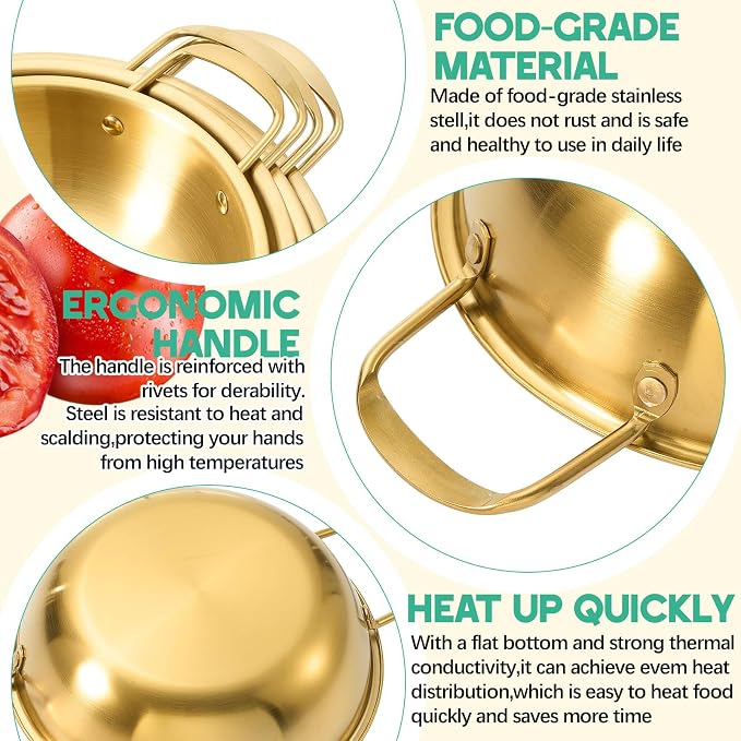 Patelai 4 Pack Korean Ramen Noodle Pots, Golden Stainless Steel Korean Cooking Pots with Double Handle, Fast Heating Pot for Soup, Noodles, Pasta, Kitchen & Outdoor Use, Sizes 7.1", 8.7", 9.5", 10.2"