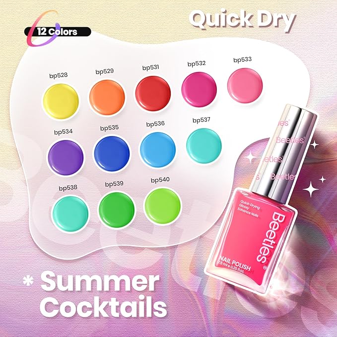 Beetles Neon Nail Polish Set - Quick Dry Nail Polish Kit 12 Colors Hot Pink Green Blue Yellow Red Regular Air Dry Fingernail Polish Pack for Women Spring Gift Beetles Cocktails 12 Colors
