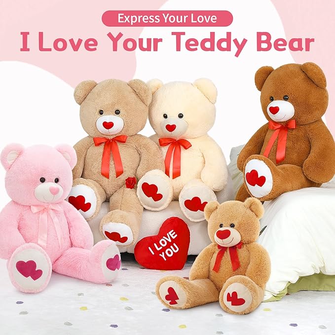 MaoGoLan Giant Pink Teddy Bear Plush 42",Big Bear Stuffed Animal with Heart Footprints and Heart Nose,Large Valentines Teddy Bear for Girlfriend,Wife,Lover-Anniversary, Birthday,Long Distance
