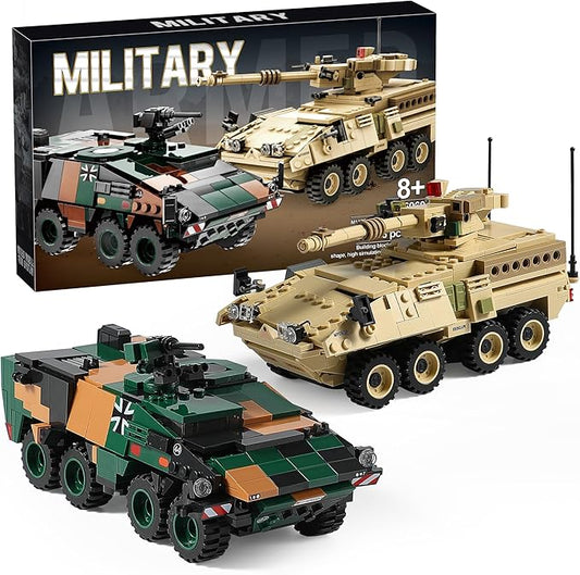 Boxer & Stryker Military Vehicles Building Sets Compatible with Lego, Armored Tank Model Kit for Kids, Great Army Toys for Boys and Girls, Teens Ages 8+