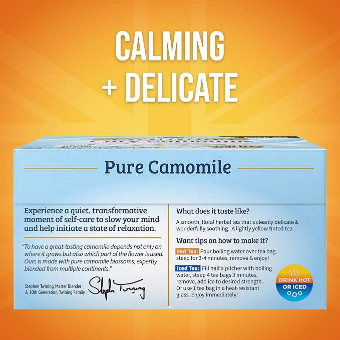 Twinings Pure Camomile Herbal Tea individually Wrapped Bags, 50 Count (Pack of 6), Naturally Caffeine-Free, Enjoy Hot or Iced, 300 Teabags