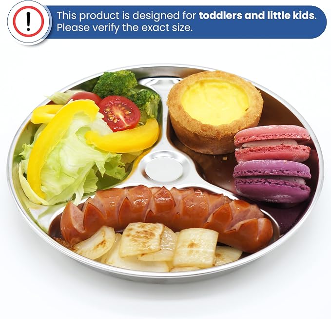 Korean Stainless Steel Non-Toxic Divided Plates for Toddlers & Kids 2-Pack | Premium 304 electro-polished stainless steel with no black residue. BPA-free 8" food tray for babies school & daycare