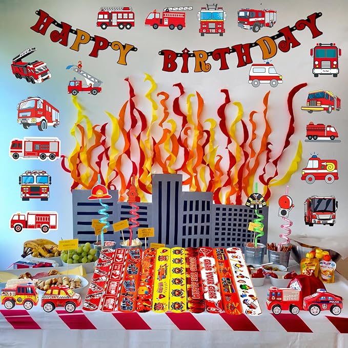 Fire Truck Party Favors Set - 110 Pcs with Firefighter Stickers, Slap Bracelets, Drinking Straws & More for Firefighter Themed Birthday Party
