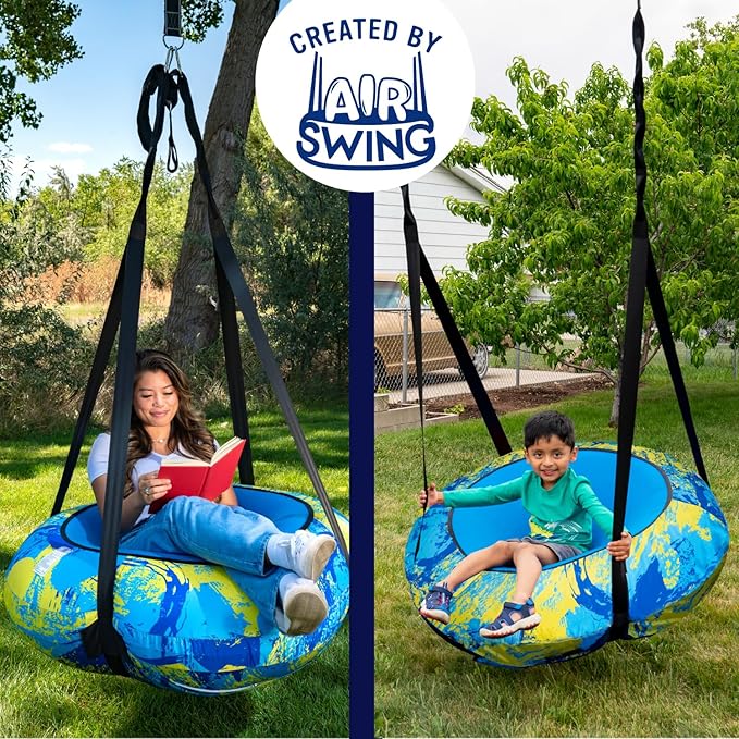 AIR Swing Giant 42” Inflatable Heavy Duty Saucer Swing Indoor Outdoor Playground, Jungle Gym, or Tree Ages 3+ UV-Protected Cover Durable Tube-Frame Adjustable Hanging Straps Carabiners - Blue/Yellow