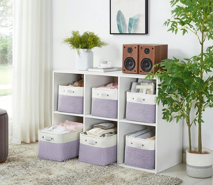 DECOMOMO Storage Bins, Large Fabric Storage Baskets for Shelves 3 Pack | 15 x 11 x 9.5 inches Decorative Linen Closet Organizers (Purple & White)