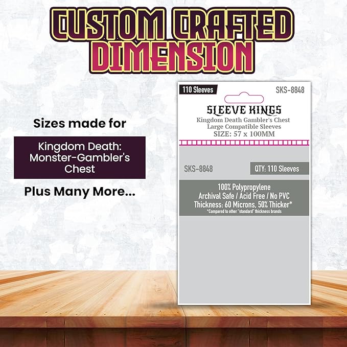 Sleeve Kings Standard Card Sleeves – 110 Count, Clear 60 Micron Thickness, Large Size (57 x 100 mm), Compatible with Kingdom Death: Monster & More – SKU: SKS-8848