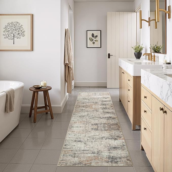 2X6 Area Rug for Hallways, Gold Abstract Washable Non-Slip Runner Rugs | Low Pile Runner Rugs, Soft Carpet for Kitchen Bathroom Bedroom Laundry, Stain Resistant Foldable Non-Shedding Distressed Rug