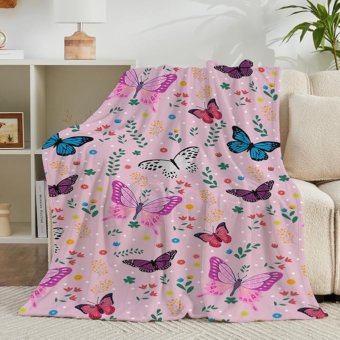 Wajade Butterfly Throw Blanket for Girls Teens Women Pink Soft Fuzzy Flannel Bed Blanket for Couch Sofa Bedroom Plush Colorful Flowers Blankets 50”x60”