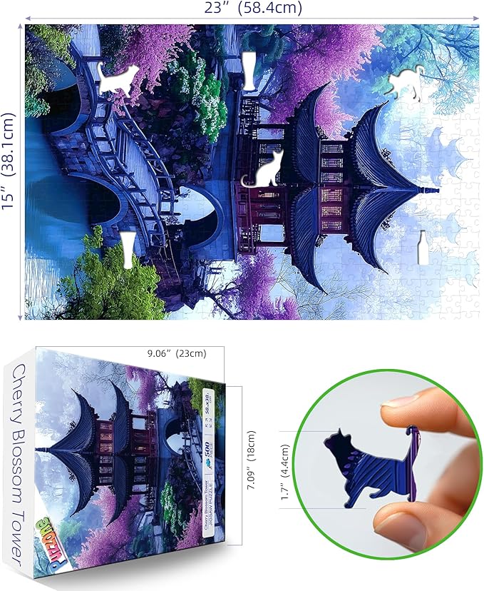 Garden Pavilion 500 Piece Puzzle for Adults Serene Misty Tower Landscape with Cherry Blossoms & Stone Arch Bridge Jigsaw Puzzle Fun Family Puzzles Gift for Adults Seniors（ 15"x23"）