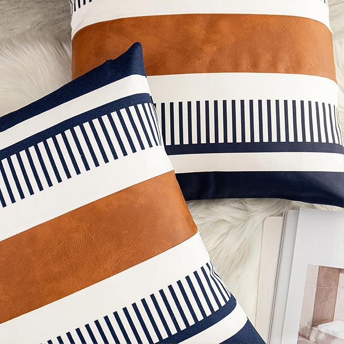 Set of 2 Decorative Faux Leather Pillow Covers 16x16 inch, Modern Boho Cushion Cover Set for Couch Living Room Bedroom Striped Accent Pillowcase Farmhouse Decor, Navy Blue