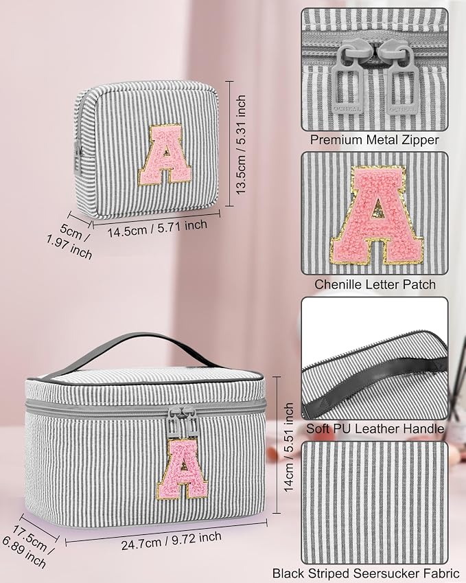 MONSTINA Initial Makeup Bags for Women|Cosmetic Bag for Travel Toiletry - Birthday Gifts for 11 12 13 14 15 16 17 18 Years Old Girls- Graduation Teen Girl Gifts Trendy Stuff Teacher Gift,2PCS,Black S
