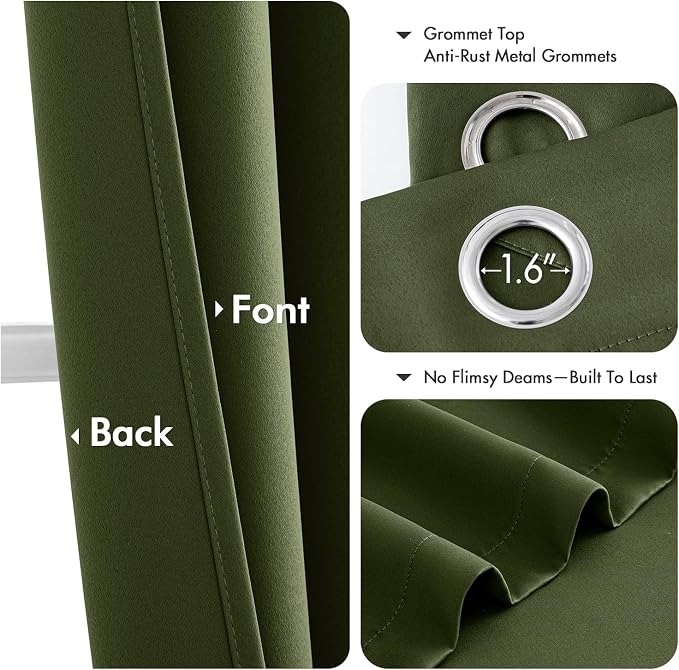 MIULEE Blackout Curtains for Bedroom 2 Panels 40 x 90 Inch Long Olive Green | Thermal Insulated, Living Room Darkening Grommet Drapes, Noise Reducing, Light Blocking Window Treatments