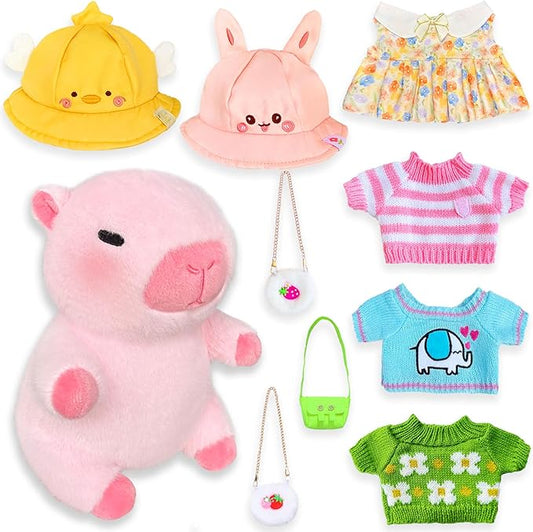 Capybara Plush with 9 pcs Clothes & Accessories, 10.2 in Cute Capybara Stuffed Animal Plush Toys, Dress Up Cute Plushies for Girls/Boys (Pink)