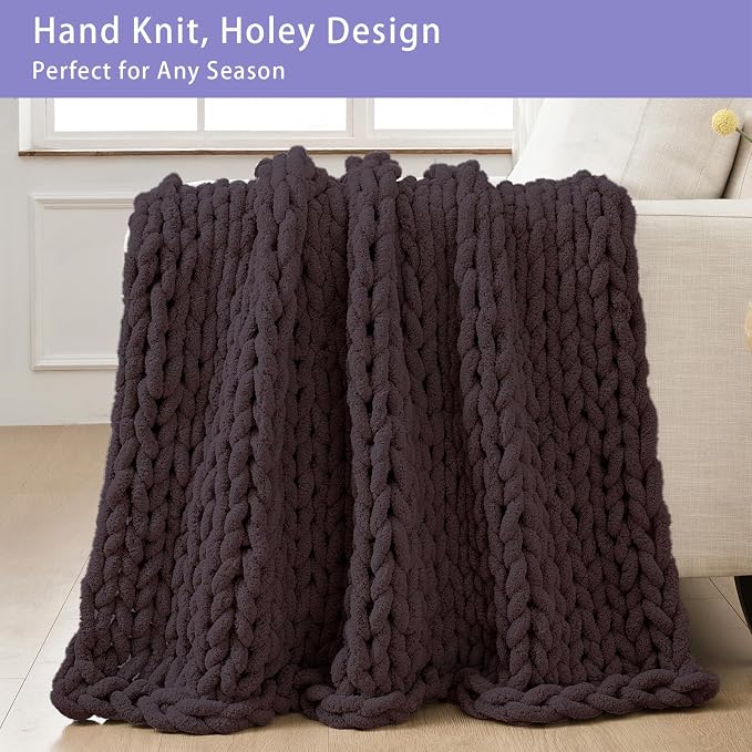 Bigacogo Chunky Knit Throw Blanket for Couch, 40x60 inches, Chocolate | Hand Knit with Jumbo Chenille, Soft Breathable Cable Knit for Sofa Bed Living Room, Machine Washable, Gift for Mom Friend