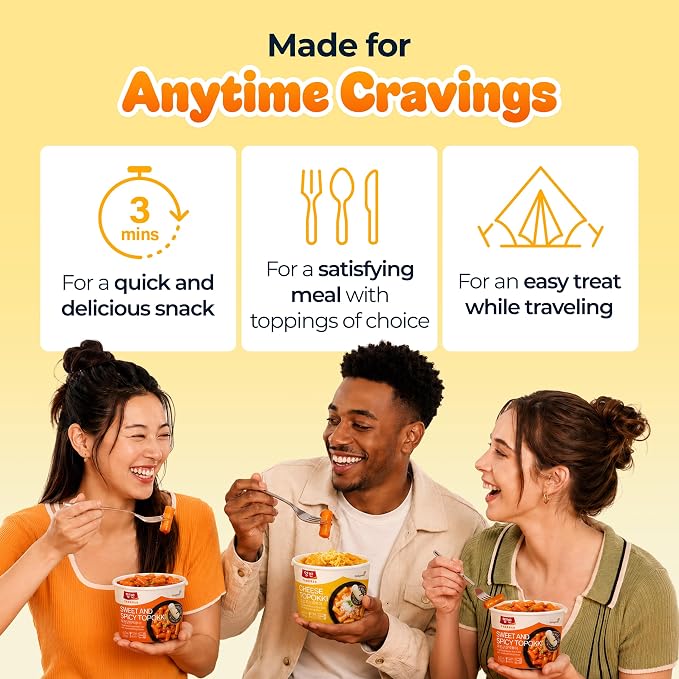 Dongwon Yangban Cheese Tteokbokki Cup, 6-Pack with Forks, Microwave Korean Rice Cakes Ready in 3 Minutes, Mild Cheddar and Parmesan Sauce with Hint of Heat, Kid-Approachable Comfort Snack, 4.23oz (120g)