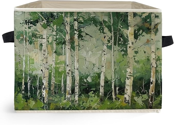 Modern Abstract Birch Tree Storage Box Bins, Green Forest Nature Landscape Collapsible Storage Basket Organizer for Bedroom Laundry Room Home Clothes Books, Decor for Room