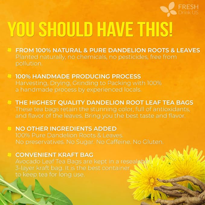 FreshDrinkUS, Premium 135 Dandelion Leaves and Roots Tea Bags, 100% Natural & Pure, Herbal Tea, Daily Infusion Botanical, No Sugar, No Caffeine, No Gluten, Vegan. Powerful Support.