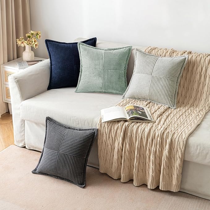 MIULEE Decorative Throw Pillow Covers for Couch 16x16 Inch Greyish Green | Boho Broadside Striped Patchwork Pillow Covers, Soft Corduroy Cushion Cases, For Sofa Bed Livingroom Home Decor